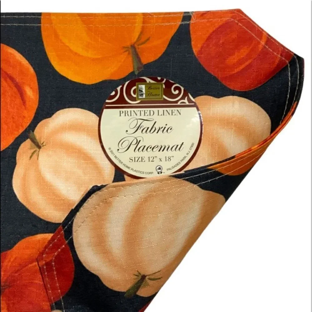 Pumpkin Linen Print Fabric Placemats Fall Autumn Halloween Seasons Set of 4
